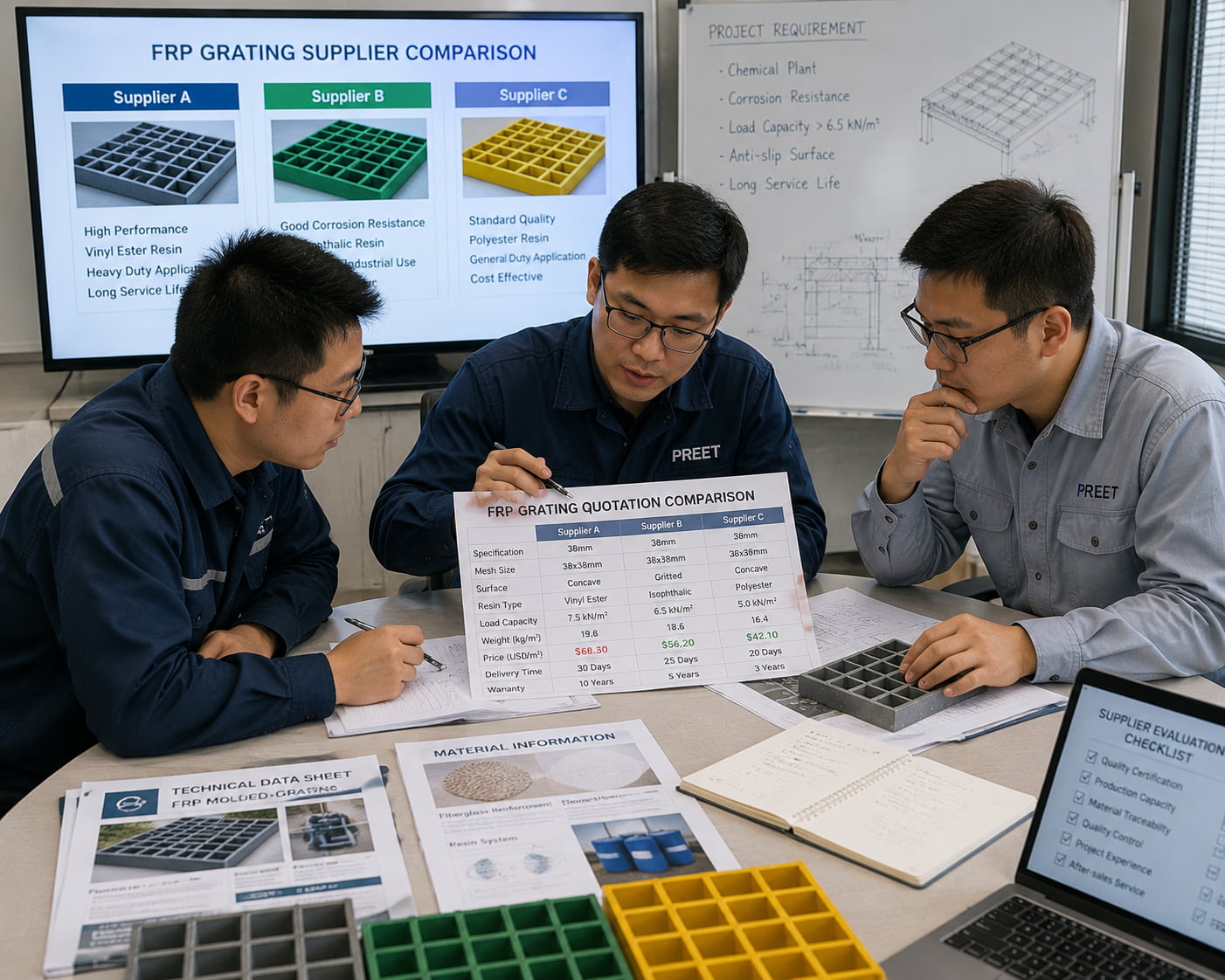 Engineers comparing FRP grating quotations specifications and material information from different suppliers Engineers comparing FRP grating quotations specifications and material information from different suppliers
